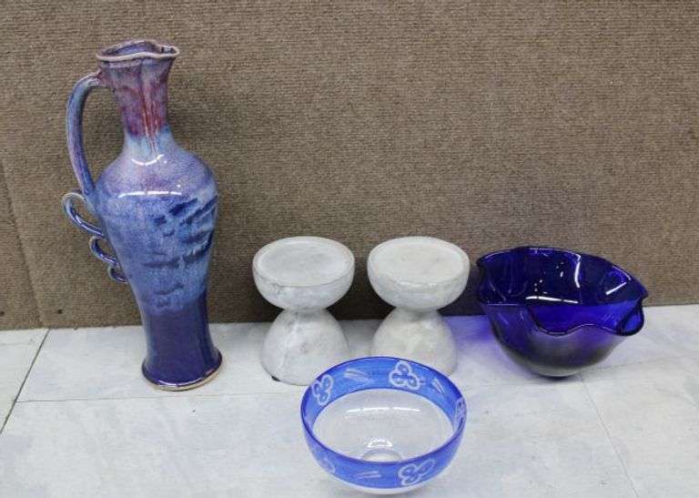 Arhaus Candle Holders, Blue Art Glass Bowl, Small Decorative Bowl, and Ceramic Pitcher