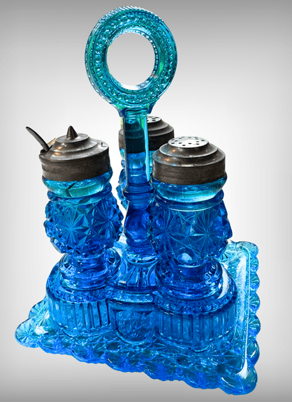 Early EAPG Daisy and Button Glass Condiment Caddy with Three Shakers and Tray