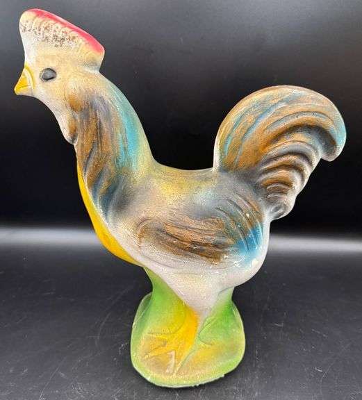 Vintage Chalkware Painted Rooster Figurines in Vibrant Colors
