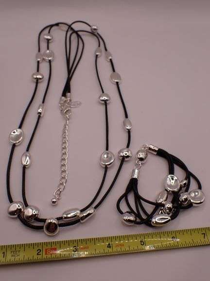 CHICOS Cord & Silver Beaded 36" Necklace & Bracelet Set