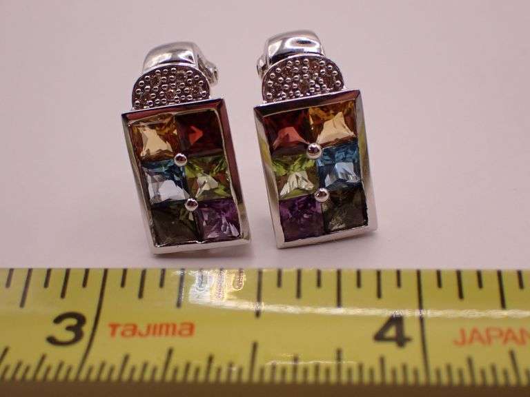 14K White Gold Multi-Colored Mixed Gemstones Earrings Garnet Citrine Topaz Peridot Amethyst 5.51g