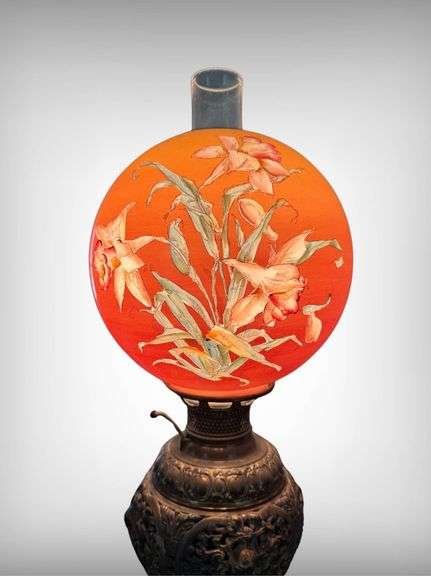 Antique  Early 19th C.  Edwardian Banquet Oil Lamp-Hand Painted