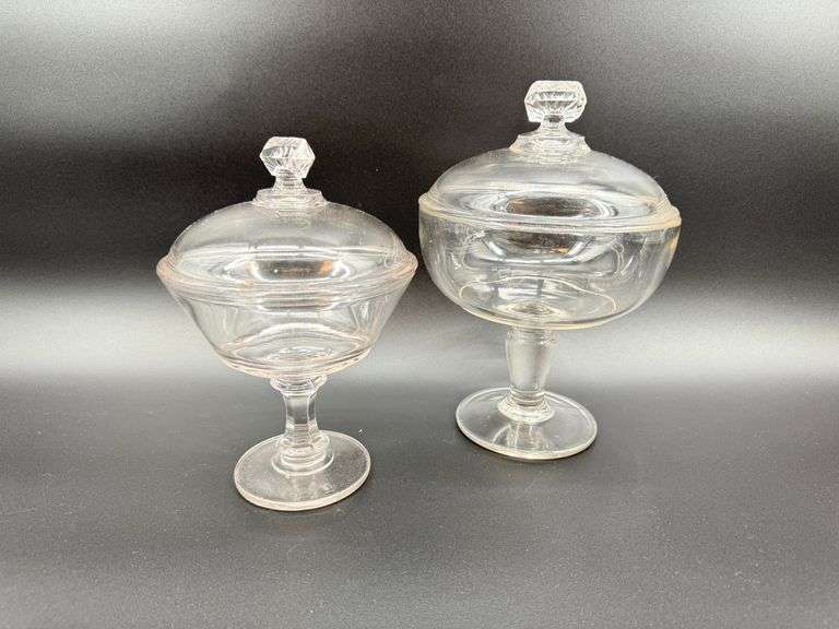 EAPG Clear lidded Pedestal Candy Dishes