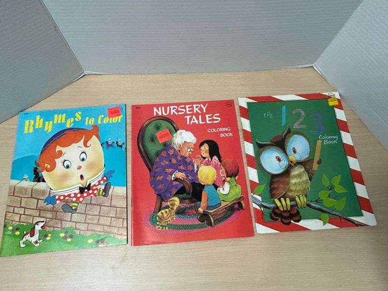 Vintage Coloring Books – Lot of 3: Rhymes to Color, Nursery Tales, 123