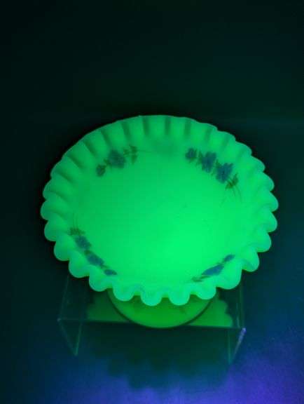 Vintage Uranium Custard Fenton Hand Painted Ruffled Edge Compote signed on bottom