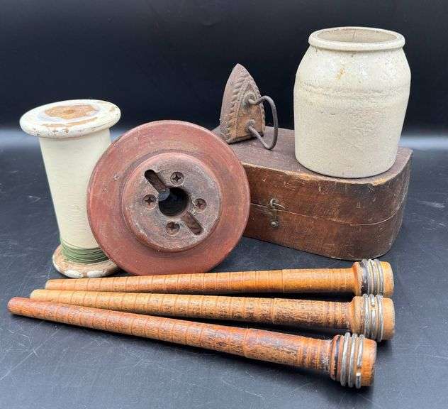Primitive Textile  Items Including Iron, Crock, Spindles, and Spools