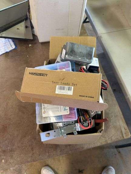 Box Lot of Electrical Components Including Connectors, Tools, and Meters