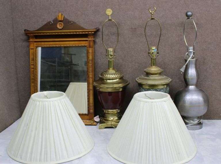 Table Lamps with Shades and a Decorative Wooden Wall Mirror