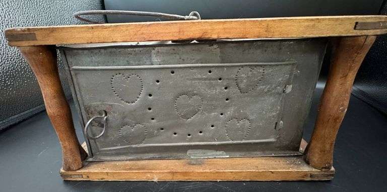 Primitive Wood and Tin Footwarmer with Heart Design Punched Tin Panels
