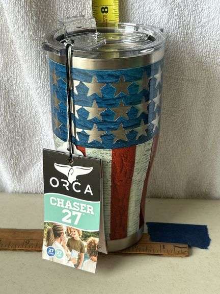 Orca Chaser 27 oz. Stainless Steel U.S.A. Made Tumbler Cup Vintage Flag