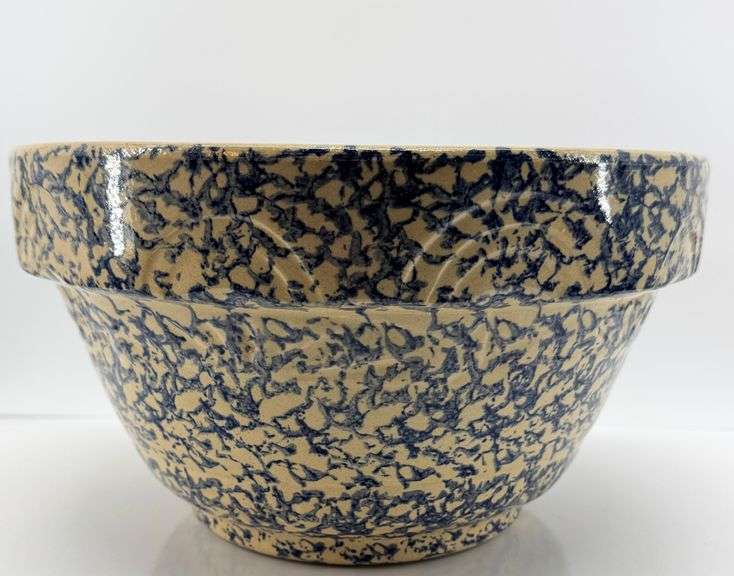 Large Roseville Blue and Beige Spongeware Mixing Bowl with USA Mark