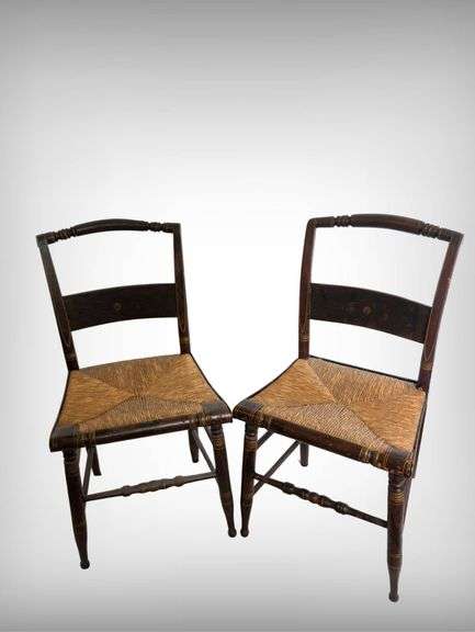1840’s Hitchcock Style Wooden Side Chairs with Woven Rush Seats