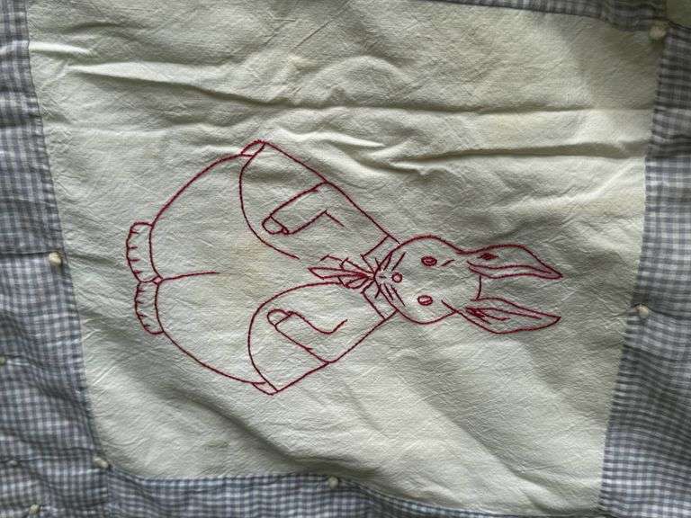 ADORABLE Antique Redwork Handmade Embroidered Quilt with Animal Designs and Gingham Accents