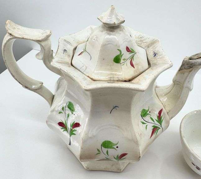 Antique Ironstone Hand-Painted Teapot and Cup
