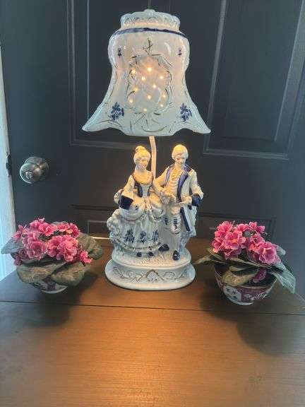 Vintage George & Martha Lamp plus #2 faux African Violets in Chinese bowls