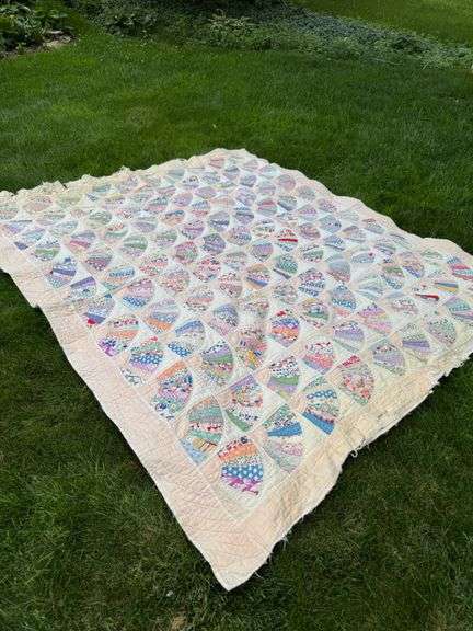 Patchwork Quilt Featuring Fan Pattern with Wear to Edges