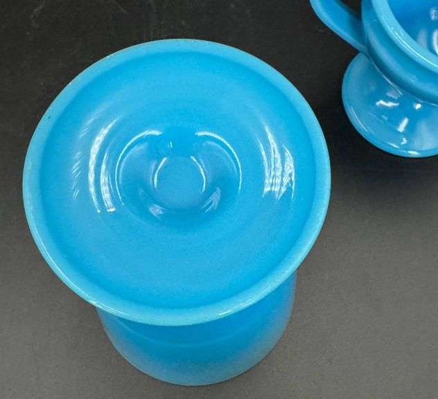 Cambridge Azurite Glass Lidded Compote, Creamer, and Sugar Bowl Set
