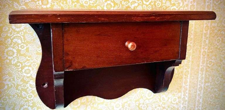 Antique Wooden Wall Shelf with Single Drawer and Scalloped Detail