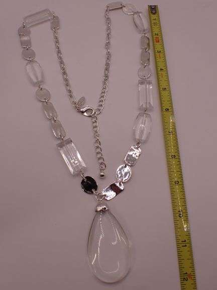 Chico's 36" Necklace - Silver metal and crystals with Solid Polished Crystal Teardrop Pendant
