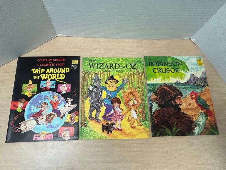 Vintage Story-Themed Coloring Books – Lot of 3: Trip Around the World, Wizard of Oz, Robinson Crusoe