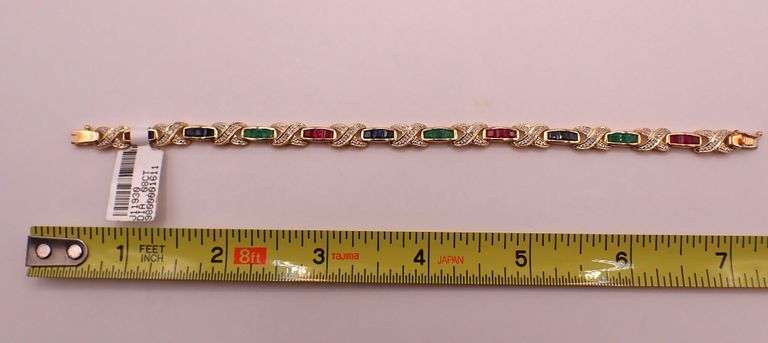 NWT 14K GOLD - 4.18ct Ruby Sapphire Emerald & .08ct Diamond Tennis Bracelet 11.3g