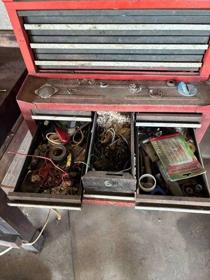 Red Metal Rolling Tool Chest with Multiple Drawers and Contents