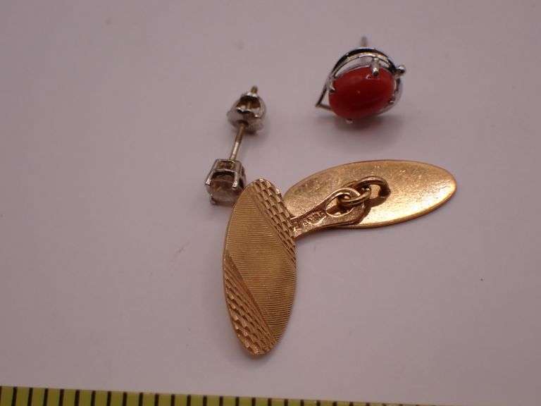 18k Gold Cufflink - 14k Gold TESTED .4ct Diamond Solitaire - 18ke Earring