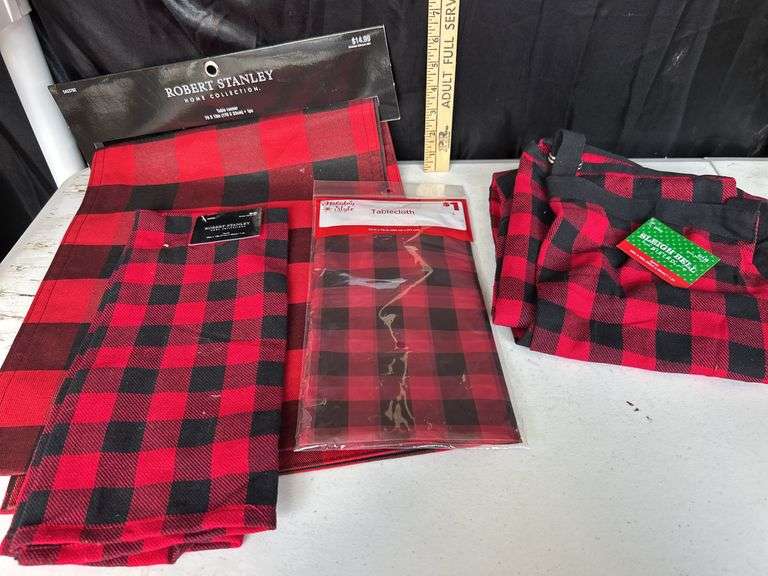 New Plaid Apron, Towel, Table Runner, & Plastic Table Cloth