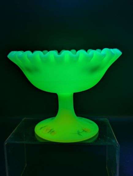 Vintage Uranium Custard Fenton Hand Painted Ruffled Edge Compote signed on bottom