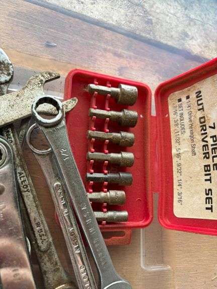 Plastic Bin with Utility Lighters, Wrenches, and 7-Piece Nut Driver Bit Set