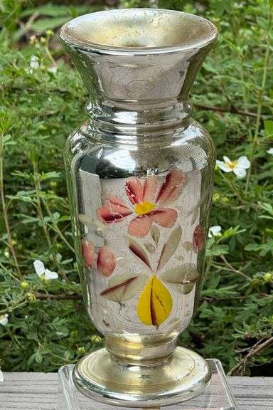 Antique Mercury Hand-Painted Floral Silver Overlay Glass Vase