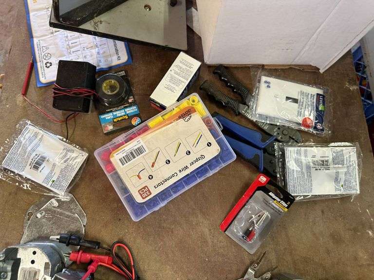 Box Lot of Electrical Components Including Connectors, Tools, and Meters