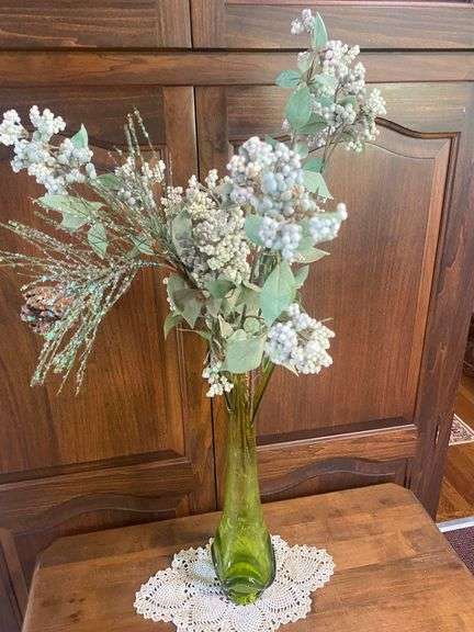 Tall Green Glass Vase with Faux Florals