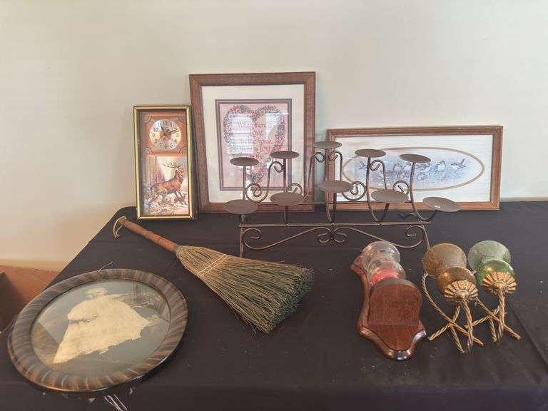 Home decor (9 items including candleholder - new in box, sconces, clock, wall art, etc.)