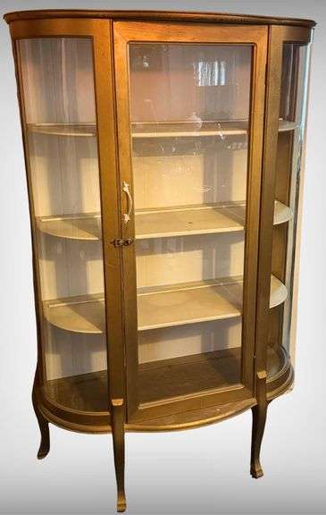 Vintage Curved Glass Gold-Toned Display Cabinet with Shelves