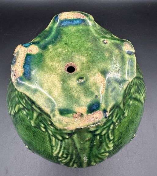 Majolica Green Glazed Pottery Planter with Relief Design and Scalloped Rim