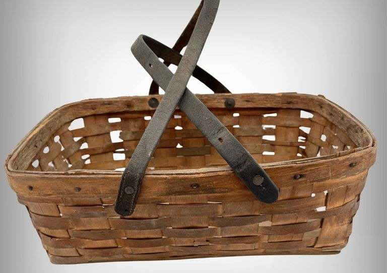 Antique Rectangular Wooden Woven Basket with Leather Handles