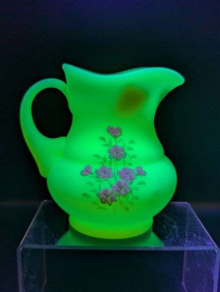 Fenton Pitcher With Hand Painted Pink Blossom on Uranium Custard