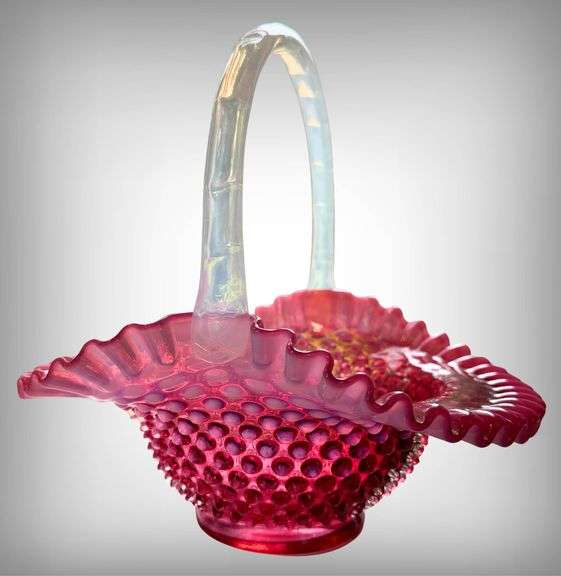 Fenton Cranberry Opalescent Hobnail Basket