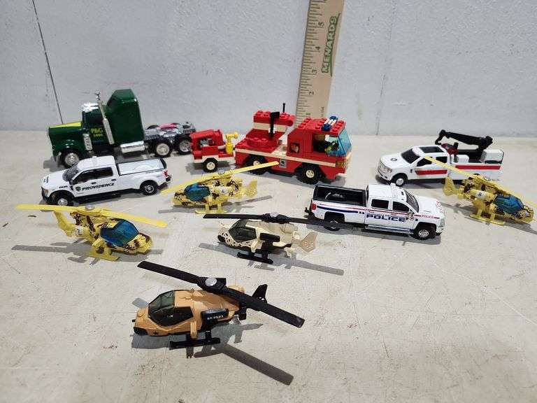 Lego Fire Truck, 3 Trucks, 1 P&G 190 Semi, & Helicopters