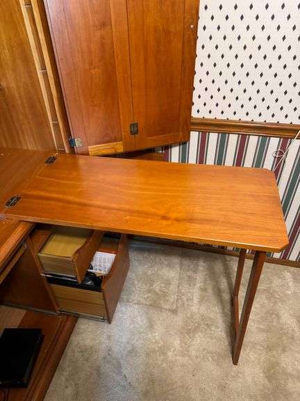 Wooden Corner Desk and Storage Cabinet with Fold-Out Work Surface