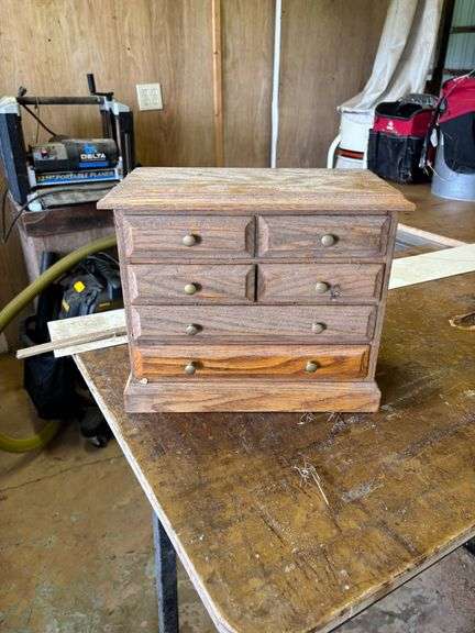 Wooden Miniature Chest with Six Drawers and Brass Pulls