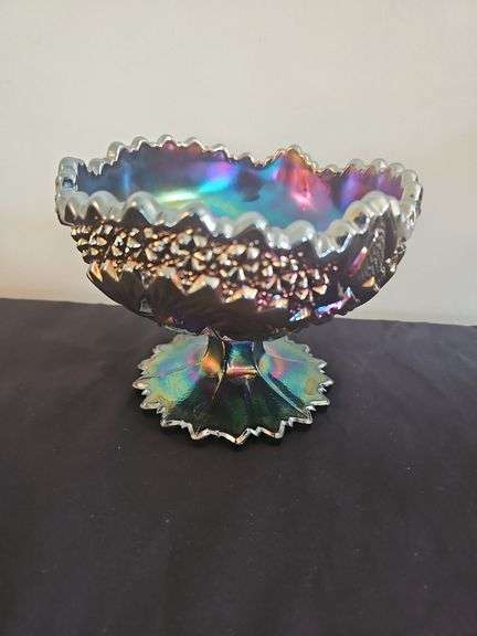Vintage Fenton WHIRLING STAR Purple Carnival Glass Compote Open Candy Dish