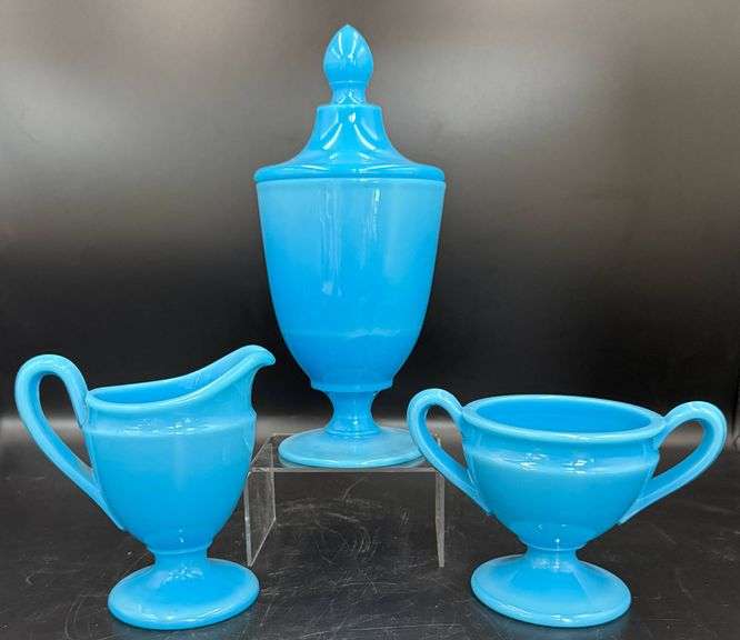 Cambridge Azurite Glass Lidded Compote, Creamer, and Sugar Bowl Set