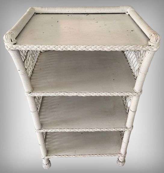 Vintage White Painted Wicker Three-Tier Shelf Unit