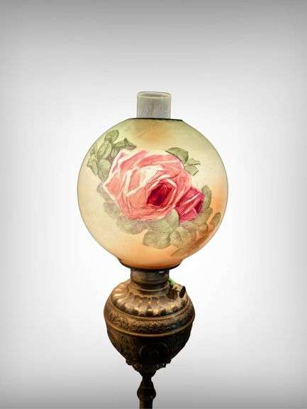Beautiful Antique Brass Telescpoing Hand-Painted Oil Parlor Lamp