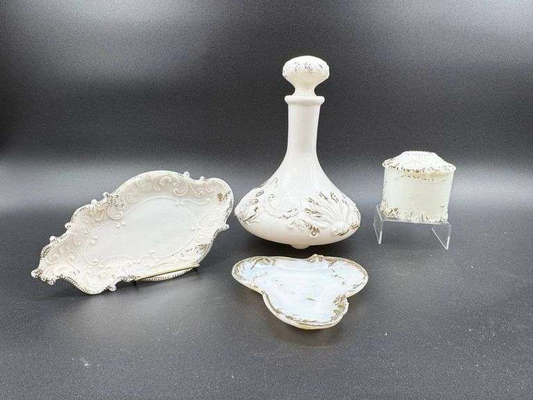 Four-Piece White Glass Vanity Set with Gold Accents