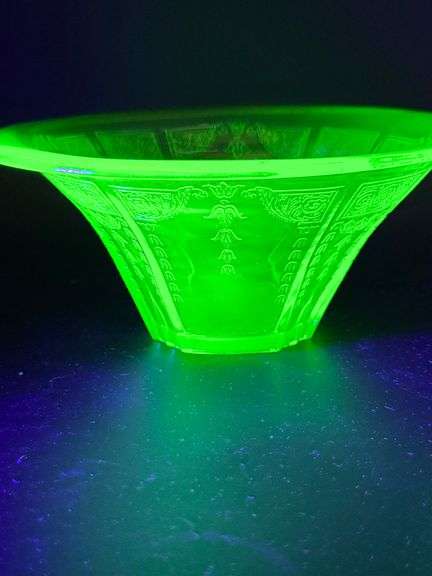 Two Uranium Glass Bowls with Etched Designs