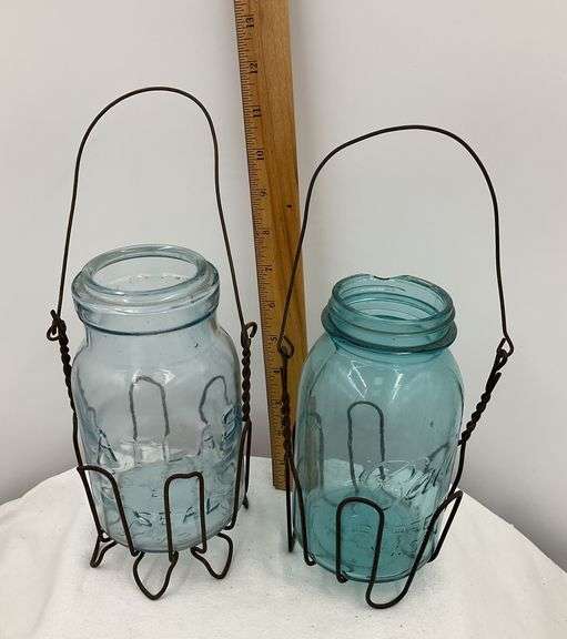 Two Vintage Blue Canning Jars with Wire Canning Racks - Auction Ohio