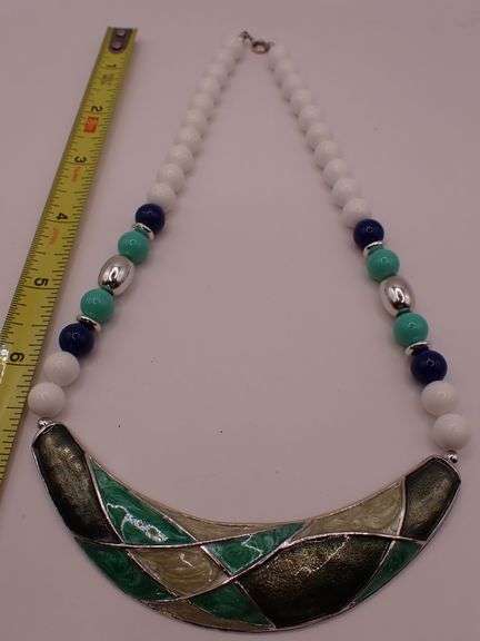 Beautiful Necklace Silver Tone 14" Long Curved Bar Teal White Blue Enamel Beads